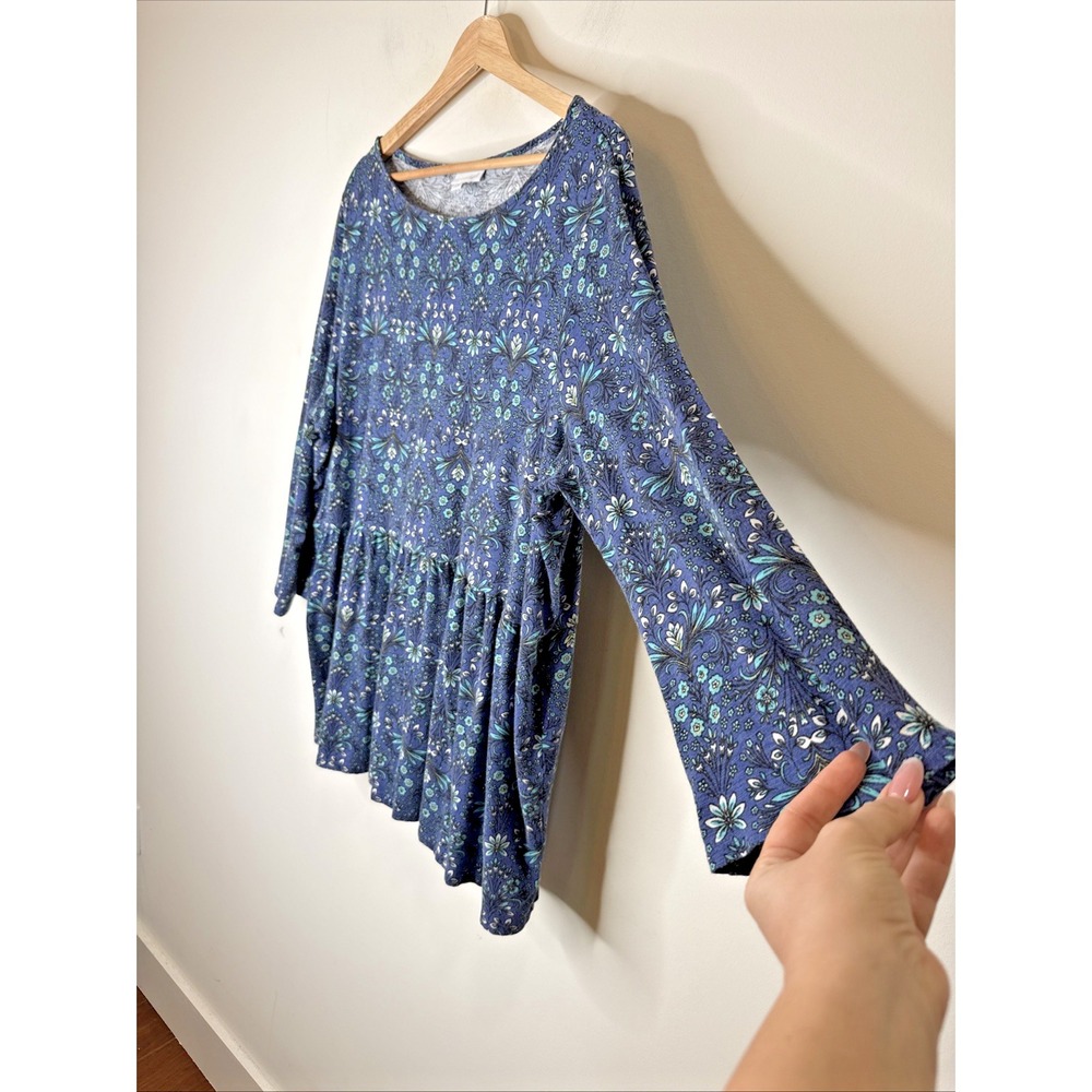 J. Jill Floral Tunic Top 3/4 Sleeve Stretch Round Neck AOP Blue Artsy Women's 2X